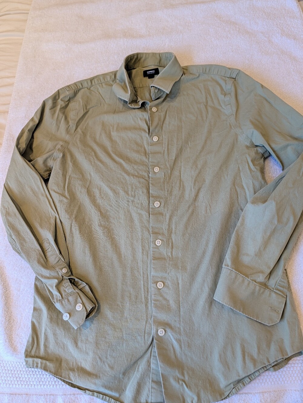 Express 1MX Extra Slim Fit Dress Shirt Mens Medium Olive Sage Green Button Down